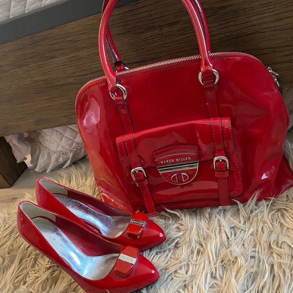 Karen Milllen red patent leather shoulder bag. Perfect for the holidays